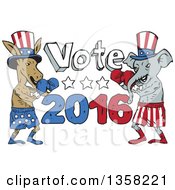 Poster, Art Print Of Cartoon Democratic Donkey And Republican Elephant Boxers Ready To Fight By Vote 2016 Text
