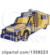 Retro Woodcut Blue And Yellow Ambulance