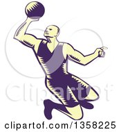 Poster, Art Print Of Retro Pastel Yellow And Navy Blue Woodcut Male Basketball Player Slam Dunking