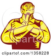 Poster, Art Print Of Retro Woodcut Yellow And Brown Businessman With Folded Arms Looking Up From A Low Angle