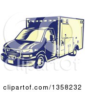 Retro Woodcut Blue And Pastel Yellow Ambulance Vehicle