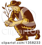 Retro Woodcut Brown And Yellow Male Farmer Planting An Organic Tree Or Plant