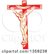 Retro Woodcut Jesus Christ Nailed To A Red And Yellow Cross