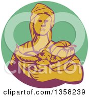 Poster, Art Print Of Retro Woodcut Female Farmer Holding A Basket Of Harvest Produce In A Green Purple And Yellow Circle
