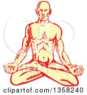 Clipart Of A Retro Woodcut Yellow And Red Man Meditating In The Lotus Pose Royalty Free Vector Illustration