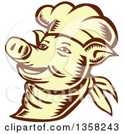 Poster, Art Print Of Retro Woodcut Brown And Yellow Chef Pig Face