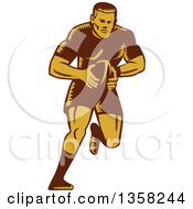 Retro Woodcut Male Rugby Player Running With The Ball