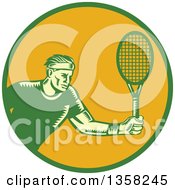Poster, Art Print Of Retro Woodcut Male Tennis Player Athlete Holding A Racket In A Green And Orange Circle