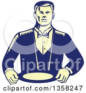 Retro Woodcut Yellow And Blue Male Waiter Wearing A Cravat And Holding A Plate