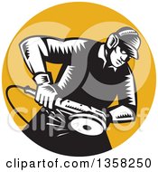 Poster, Art Print Of Retro Black And White Woodcut Male Worker Using An Angle Grander In An Orange Circle