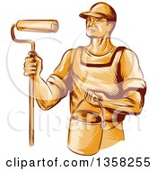 Poster, Art Print Of Retro Sketched Orange Male House Painter Holding A Roller Brush And Bucket