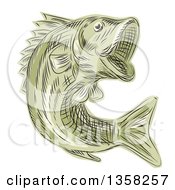 Green Sketched Or Engraved Leaping Largemouth Bash Fish