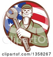 Poster, Art Print Of Retro Male Mechanic Holding A Giant Wrench Over His Chest In An American Flag Circle