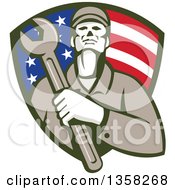 Poster, Art Print Of Retro Male Mechanic Holding A Giant Wrench Over His Chest In An American Flag Shield