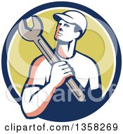 Clipart Of A Retro Male Mechanic Holding A Giant Wrench Over His Shoulder In A Blue White And Green Circle Royalty Free Vector Illustration