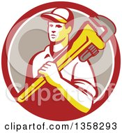 Poster, Art Print Of Retro Male Plumber Holding A Giant Monkey Wrench Over His Shoulder In A Red White And Taupe Circle