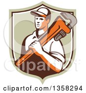 Poster, Art Print Of Retro Male Plumber Holding A Giant Monkey Wrench Over His Shoulder In A Shield