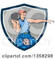 Red Haird Scotsman Athlete Wearing A Kilt And Playing A Highland Stone Put Throw Game In A Blue White And Gray Shield