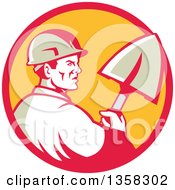 Poster, Art Print Of Retro Male Construction Worker Builder Holding A Shovel In A Red And Yellow Circle