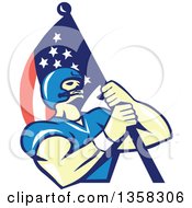 Poster, Art Print Of Retro Cartoon White Male Gridiron American Football Player Carrying An American Flag