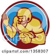 Poster, Art Print Of Retro Girdiron American Football Player Fending In A Circle