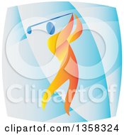 Poster, Art Print Of Colorful Athlete Swinging A Golf Club In A Blue Square