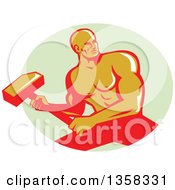 Clipart Of A Retro Muscular Male Bodybuilder Athlete Swinging A Sledgehammer In A Pastel Green Oval Royalty Free Vector Illustration