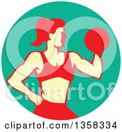 Poster, Art Print Of Retro Muscular Fit Woman Working Out With A Dumbbell And Doing Bicep Curls In A Turquoise Circle