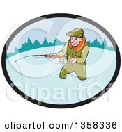 Cartoon White Man Wading And Fly Fishing In An Oval