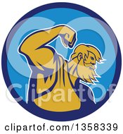 Clipart Of A Retro Roman Sea God Neptune Or Poseidon Flexing His Bicep Muscle In A Blue Circle Royalty Free Vector Illustration by patrimonio