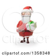Poster, Art Print Of 3d Bespectacled Christmas Santa Claus Holding A Gift Box On A White Background