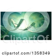 Clipart Of A 3d Dna Strand Floating In Liquid Over A Light Burst Royalty Free Illustration