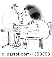 Poster, Art Print Of Cartoon Black And White Chubby Woman Sitting With Coffee At A Table And Waving