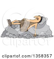 Cartoon Chubby Caveman Sleeping On Boulders