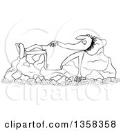 Clipart Of A Cartoon Black And White Chubby Caveman Sleeping On Boulders Royalty Free Vector Illustration