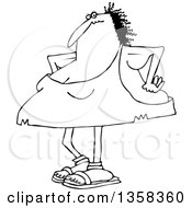 Clipart Of A Cartoon Black And White Angry Chubby Cavewoman With Sagging Arms And Her Hands On Her Hips Royalty Free Vector Illustration