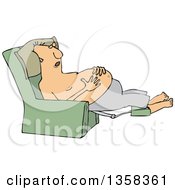 Clipart Of A Cartoon Shirtless Chubby White Man Sleeping In A Recliner Chair Resting His Hands On His Belly Royalty Free Vector Illustration