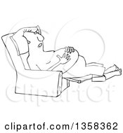 Cartoon Black And White Shirtless Chubby Man Sleeping In A Recliner Chair Resting His Hands On His Belly