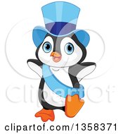 Clipart Of A Cute New Year Penguin Dancing In A Blue Top Hat And Sash Royalty Free Vector Illustration by Pushkin