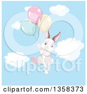 Poster, Art Print Of Cute Bunny Rabbit Floating With Party Balloons In The Sky