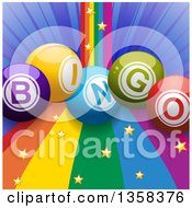Poster, Art Print Of 3d Colorful Bingo Balls Over A Rainbow Curve With Gold Stars And A Blue Burst