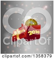 Poster, Art Print Of 3d Open Gift Box With A Gold Disco Ball And New Year 2016 Over Flares