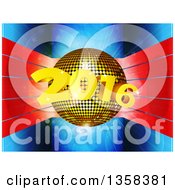 Poster, Art Print Of 3d Gold Disco Ball With New Year 2016 Over Red Stripes On Blue