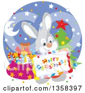 Poster, Art Print Of Gray Rabbit Holding A Merry Christmas Sign Over A Circle With A Tree And Santas Sack