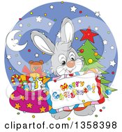 Poster, Art Print Of Cartoon Gray Bunny Rabbit Holding A Merry Christmas Sign Over A Circle With A Tree And Santas Sack