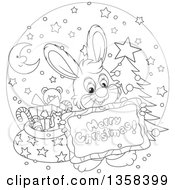 Poster, Art Print Of Cartoon Black And White Bunny Rabbit Holding A Merry Christmas Sign Over A Circle With A Tree And Santas Sack