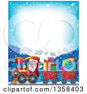 Poster, Art Print Of Cartoon Christmas Santa Claus Driving A Train Full Of Gifts Over Snowy Mountains With Bright Text Space
