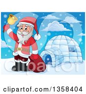 Cartoon Christmas Santa Claus Ringing A Bell By An Igloo