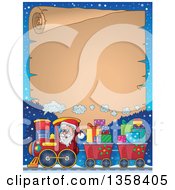 Poster, Art Print Of Cartoon Christmas Santa Claus Driving A Train Full Of Gifts Over Mountains With A Parchment Scroll