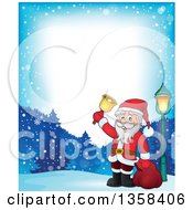 Poster, Art Print Of Cartoon Christmas Santa Claus Ringing A Bell Border Over Snowy Mountains